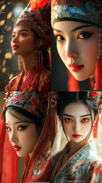 京剧《穆桂英挂帅》，舞台表演，全身视角，京剧脸谱，女角色，艳丽妆容，暖色调，广角镜头，舞台中央，侧光，高对比度，传统服饰，微笑，自信，国风元素，细腻纹理，戏剧性。