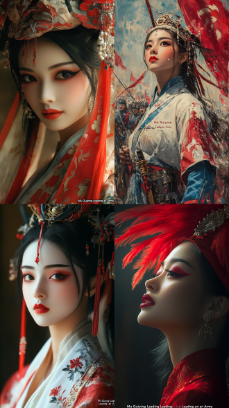 京剧《穆桂英挂帅》，舞台表演，全身视角，京剧脸谱，女角色，艳丽妆容，暖色调，广角镜头，舞台中央，侧光，高对比度，传统服饰，微笑，自信，国风元素，细腻纹理，戏剧性。