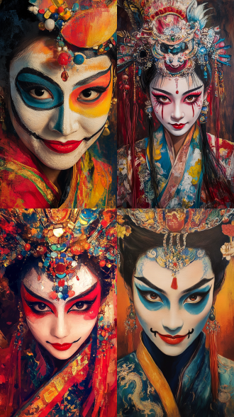 京剧脸谱，女角色，艳丽妆容，暖色调，广角镜头，舞台中央，侧光，高对比度，传统服饰，微笑，自信，国风元素，细腻纹理，戏剧性。