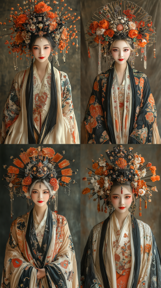 京剧脸谱，女角色，艳丽妆容，暖色调，广角镜头，舞台中央，侧光，高对比度，传统服饰，微笑，自信，国风元素，细腻纹理，戏剧性。国风，艳丽，暖色调，广角镜头，舞台中央，侧光，高对比度，细腻纹理，传统服饰，优雅姿态，神秘表情，红色为主，金色点缀，庄严氛围，文化底蕴。京剧女角色，全身照，广角镜头，暖色调，脸谱艳丽，国风服饰，舞台背景，侧光，高对比度，动作优雅，表情专注，传统元素，文化氛围。京剧女角色，全身照，广角镜头，暖色调，脸谱艳丽，国风服饰，舞台背景，侧光，高对比度，动作优雅，表情专注，传统元素，文化氛围。