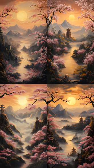 壮观的史诗般的景色,过于辉煌的古老仪式,充满活力,美丽的东方幻想,阳光灿烂,粉色桃花,白天视角