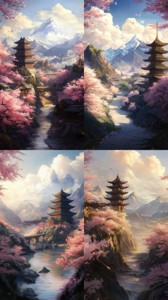 壮观的史诗般的景色,过于辉煌的古老仪式,充满活力,美丽的东方幻想,阳光灿烂,粉色桃花,白天视角