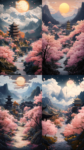 壮观的史诗般的景色,过于辉煌的古老仪式,充满活力,美丽的东方幻想,阳光灿烂,粉色桃花,白天视角