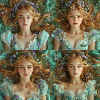 法国女孩特写，金色长发，蓝色和绿色的花卉装饰服饰，紫色和白色花朵头饰，藤蔓缠绕四肢，赤脚，躺在绿色布料上，梦幻背景，精灵风格。