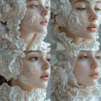 法国女孩特写，浮雕感，肌肤焕发光彩，护肤主题，生物元素，，写实风格，柔光灯，高清画质，精致，安心。