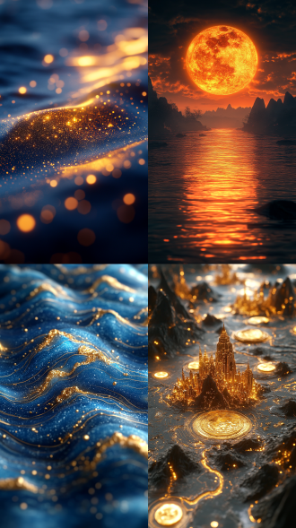 蓝金山水，细节丰富，广角镜头，流体摄影，传统风格，壮丽景色，电路板效果，发光，中国风，千山万水，3d插图，蓝金配色，壮丽，雄伟，丰富色彩。