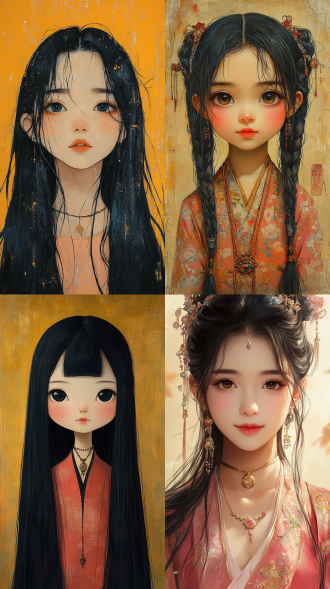 a gongbi painting of a 5 years old black long hair chinese qing dynasty girl wears pink hanfu, tangled jewelry, round face, extremely minimalism portrait, geometric shapes, matte light yellow background, in the style of crisp neo-pop illustrations, animated gifs, dolly kei, cartoon-like characters, close-up, head view, bold, cartoonish lithographs