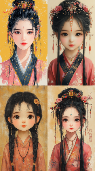 a gongbi painting of a 5 years old black long hair chinese qing dynasty girl wears pink hanfu, tangled jewelry, round face, extremely minimalism portrait, geometric shapes, matte light yellow background, in the style of crisp neo-pop illustrations, animated gifs, dolly kei, cartoon-like characters, close-up, head view, bold, cartoonish lithographs