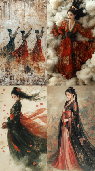 敦煌艺术风格壁画，天野喜孝与吴道子合作，敦煌飞天形象，臂钏，长裙束腰，双手优雅弹奏古筝，细腻笔触，柔和流畅，中国红与靛蓝，金色箔纸绘吉祥云纹背景，低角度拍摄，超广角，长焦镜头，高光，柔和光线，动作优雅，色彩鲜明，情感宁静。