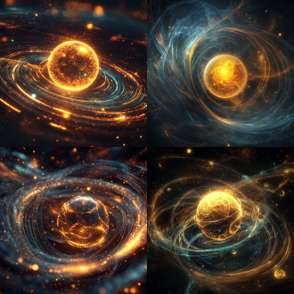 this is a highly detailed, cgi-generated image depicting a surreal, cosmic scene. the focal point is a glowing, golden sphere with a slightly textured surface, reminiscent of a star or planet. it is surrounded by a series of swirling, concentric rings composed of thin, glowing lines, giving the impression of a vortex or a spiral galaxy. these lines are a mix of deep blue and gold, creating a striking contrast that draws the eye. the background is a dark, almost black void, with faint, out-of-focus orbs of light scattered throughout, adding to the ethereal and otherworldly atmosphere. these orbs are primarily golden and orange, with some blue hues, creating a sense of depth and movement. the entire composition is dynamic, with the glowing sphere and swirling lines appearing to spin and move, enhancing the sense of motion and energy. the texture of the golden sphere is slightly rough, with a fine, granular surface that suggests a metallic or crystalline material. the overall style is modern and abstract, with a high level of digital artistry and attention to detail. the image evokes a sense of awe and wonder, capturing the essence of the cosmos in a visually stunning manner.there are two planets in the middle