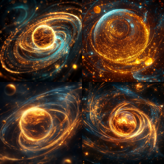 this is a highly detailed, cgi-generated image depicting a surreal, cosmic scene. the focal point is a glowing, golden sphere with a slightly textured surface, reminiscent of a star or planet. it is surrounded by a series of swirling, concentric rings composed of thin, glowing lines, giving the impression of a vortex or a spiral galaxy. these lines are a mix of deep blue and gold, creating a striking contrast that draws the eye. the background is a dark, almost black void, with faint, out-of-focus orbs of light scattered throughout, adding to the ethereal and otherworldly atmosphere. these orbs are primarily golden and orange, with some blue hues, creating a sense of depth and movement. the entire composition is dynamic, with the glowing sphere and swirling lines appearing to spin and move, enhancing the sense of motion and energy. the texture of the golden sphere is slightly rough, with a fine, granular surface that suggests a metallic or crystalline material. the overall style is modern and abstract, with a high level of digital artistry and attention to detail. the image evokes a sense of awe and wonder, capturing the essence of the cosmos in a visually stunning manner.there are two planets in the middle