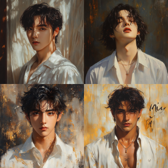 the theme is a portrait of a kpop idol. the main body in the picture is a handsome young man with dark short curly hair. he is wearing a fine white shirt that perfectly shows his figure. his face is as delicate as dilraba dilmurat's, with an anime visual sense.