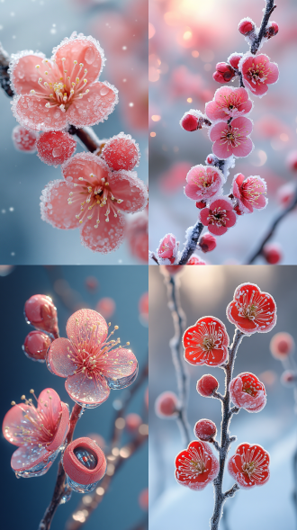 冰凌下梅花绽放，雪地有脚印，旁置暖手炉，对称构图，冷蓝暖红对比，微距镜头，逆光，静谧氛围。