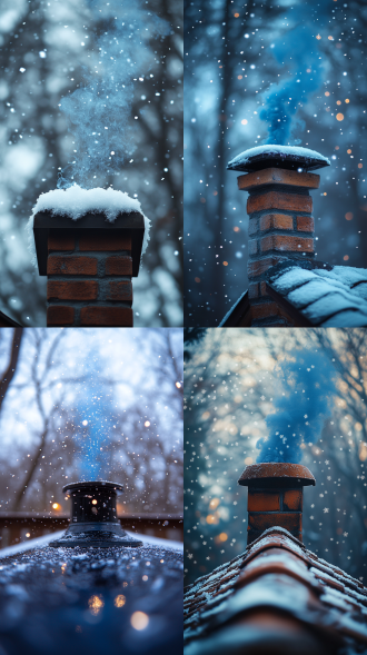 snowflakes fall onto the rooftop on a light snow day, blue smoke rises from the chimney, three-part composition, rural setting, cool tones, slow shutter speed, serene, depth of field, reflection light, backlighting, polar opposites, 135mm, close-up, from below