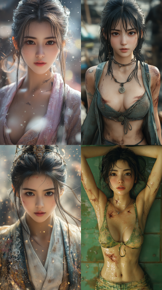 shot from a high-angle bevel perspective, (ethereal chinese xianxia anime), in square enix cg style, by lu xueqi , chest two dots, obviously, graceful figure and is gently raising her arms slowly. she is amidst a battlefield. her clothes are torn and tattered, and she is covered in scars.