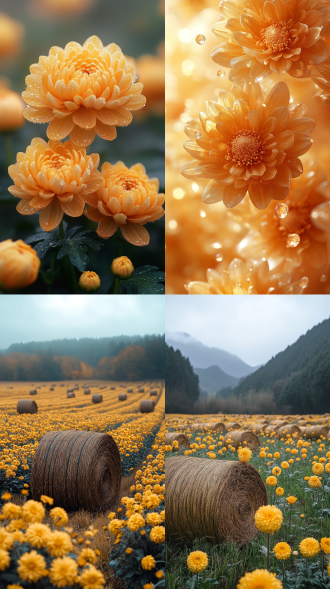 a golden chrysanthemums in full bloom, haystacks in the rice field, rural scenery, overcast, warm yellow dominant tone, open and tranquil atmosphere, bloom, negative space, polar opposites, 85mm, from below, atmospheric perspective