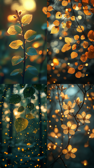 黄昏知了在树枝鸣叫，树叶被微风吹动，三分法构图，森林环境，长焦镜头，暖光，动态模糊，黄绿暖色调，宁静。