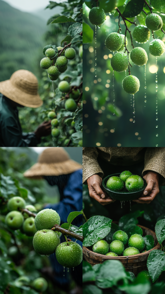 green plum fruits are ripening and hanging on the branches, fine rain dripping on the fruit, farmers wearing straw raincoats bending over to plant seeds, three-part composition, countryside, medium to long telephoto, diffused light, warm green tones, labor, vitality, polar opposites, close-up, projected inset, reflection light