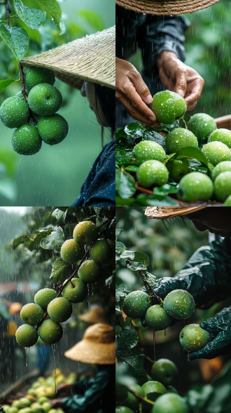 green plum fruits are ripening and hanging on the branches, fine rain dripping on the fruit, farmers wearing straw raincoats bending over to plant seeds, three-part composition, countryside, medium to long telephoto, diffused light, warm green tones, labor, vitality, polar opposites, close-up, projected inset, reflection light