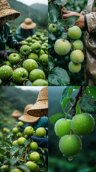 green plum fruits are ripening and hanging on the branches, fine rain dripping on the fruit, farmers wearing straw raincoats bending over to plant seeds, three-part composition, countryside, medium to long telephoto, diffused light, warm green tones, labor, vitality, polar opposites, close-up, projected inset, reflection light