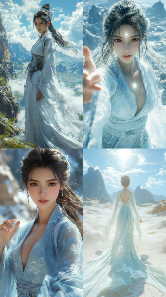 from an angled-bird view shot perspective, by square enix cinematic cg art, unreal engine 5. chest two dot, obviously, her figure twists gracefully and her head is slightly raised, one hand slightly raised, with a radiant glow all around. a light blue robe with embroidered cloud patterns flutters. mountains. trending on cgsociety, ((ethereal chinese anime)). excellent physical effects.,