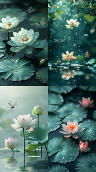 清澈池水荷花待放，两只蜻蜓飞过，对称构图，青绿色调，户外池塘，微距镜头，顶光，慢快门，平静，清新。