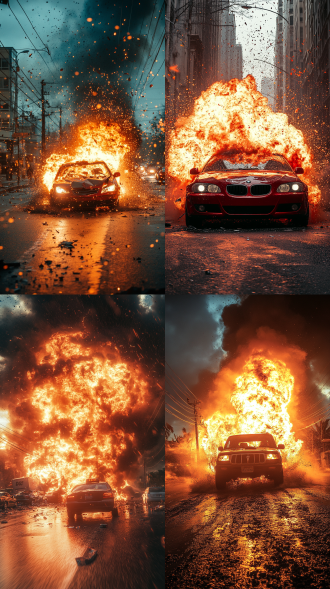 汽车相撞起火爆炸，三分法构图，城市街道，超广角镜头，逆光，长曝光，震撼，红黑主色，灾难大片感。