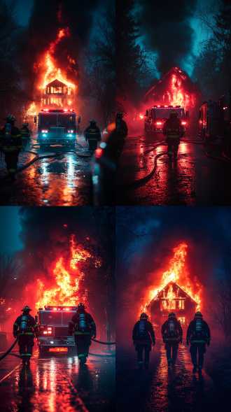 着火住宅前消防车旁消防员救援，三分法构图，暗背景，冷蓝与暖红对比，长焦镜头，逆光，动态，紧张，电影质感。