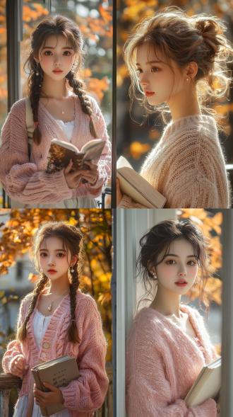 中国美少女，淡粉色针织开衫，帆布斜挎包，珍珠耳钉，双马尾麻花辫，睫毛自然卷翘，午后阳光透过玻璃窗洒落，少女手捧书本倚靠栏杆，微风轻拂发丝，白色帆布鞋，丁达尔效应光晕，秋日落叶，指尖撩发，