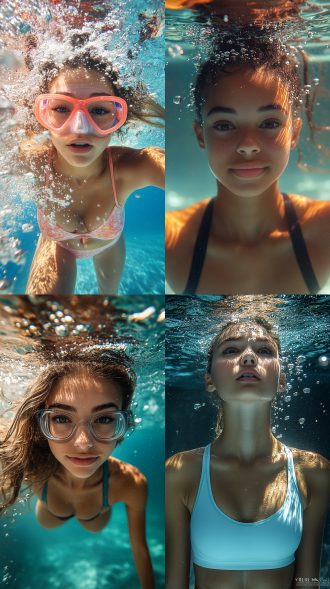 女性泳池水下全身写真，焦点堆叠，俯视视角，夏日场景，动感光线，鲜艳色彩，气泡，精细细节，阳光生机，侧光。