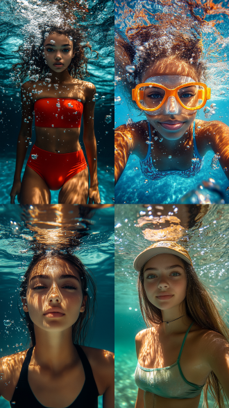 女性泳池水下全身写真，焦点堆叠，俯视视角，夏日场景，动感光线，鲜艳色彩，气泡，精细细节，阳光生机，侧光。