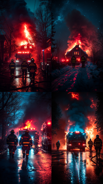 着火住宅前消防车旁消防员救援，三分法构图，暗背景，冷蓝与暖红对比，长焦镜头，逆光，动态，紧张，电影质感。