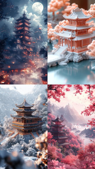 极简风格，点彩技法，3d渲染宋式宫殿，祥云环绕，淡雅色彩，高斯模糊背景，动态模糊效果，陈家泠艺术风格，大面积留白，炫彩光影，内发光特效，静谧氛围。