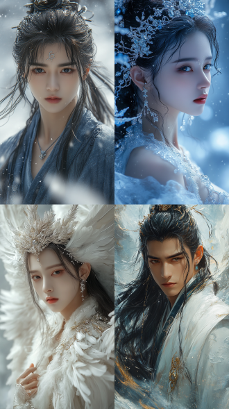 腾云驾雾，神话，神仙，洛神，头戴华丽头饰，如梦如仙，胶片模拟，高清，电影灯光，眼部装饰着星辰，轻透蓝底，美白效果，32k, 手臂上戴着镶钻手镯。