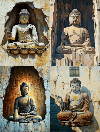 新表现主义油画，破碎佛像从石灰岩悬崖露出，有风化裂缝、钢凿痕迹，全息投影、金缮纹路，棕褐与普鲁士蓝调，侧逆光，负空间38%，唐莲座像素化，(石灰岩纹理:1.7)等