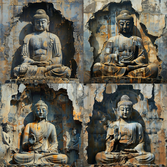 新表现主义油画，破碎佛像从石灰岩悬崖露出，有风化裂缝、钢凿痕迹，全息投影、金缮纹路，棕褐与普鲁士蓝调，侧逆光，负空间38%，唐莲座像素化，(石灰岩纹理:1.7），参考北魏莲花洞顶棚侵蚀形态，forensic wound documentation style, 3d scan data overlay showing missing volume, explosive fracture morphology matching dynamite blast patterns，neural network generated reconstruction attempt with error glitches, blockchain ownership tags floating around stolen fragments, augmented reality markers glowing in decayed areas，20% anselm kiefer's material alchemy + 30% gerhard richter's blur archive + 15% marlene dumas' ethical ambiguity + 35%，加强破坏元素