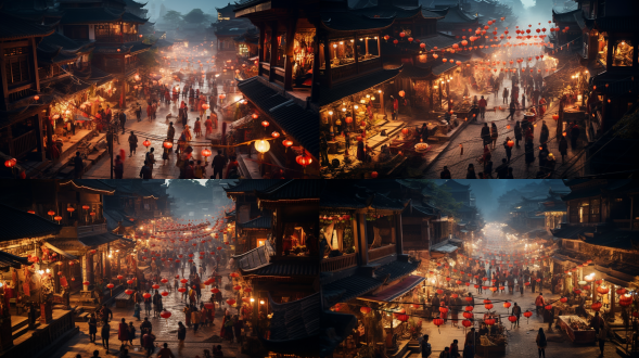 繁华热闹古街，顽童穿传统服饰玩耍，商户摊位前忙碌，红灯笼点缀，古风风格，航拍大景，暖色调，抓拍，街头摄影，快门速度快，高品质，躁动又宁静。