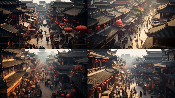 繁华热闹古风街道，中国古代建筑林立，木雕砖雕、飞檐精致，顽童穿传统服饰嬉闹，商户摊位忙碌，对称构图，屋顶航拍大广角远景，暖色调，抓拍，街头摄影电影感，躁动宁静，高画质。