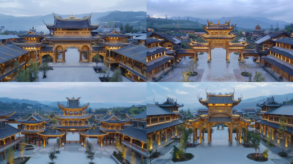 斗拱式结构门楼木雕居中，雕梁画栋，两侧木屋，古色古香，对称构图，古建筑环境，长焦镜头，暖色调，侧光，精致，典雅