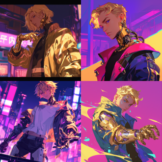 机器人，男孩，金发，金色，赛博朋克，霓虹灯