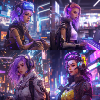 机器人，女孩，紫色头发，金色头饰，赛博朋克，霓虹灯