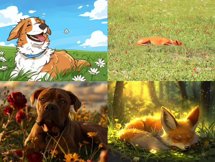 a dog basks in the sun amidst the flowers and grass.