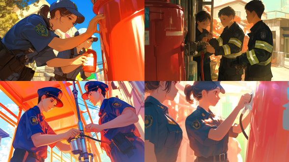 学校保安检查消防设备，动漫插画风格，景深效果，明亮色彩，青春活力，人脸清晰，工笔画细节，简画风格，侧光，广角镜头，高分辨率，杰作，动态姿势，安全检查，校园环境，细节丰富，色彩鲜艳，表情专注，动作标准，环境明亮，构图平衡，情感专注，元素多样，风格独特。
