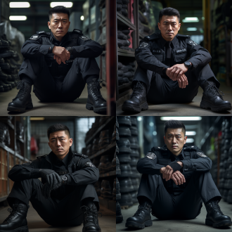 警察制服男，房间内，脚部特写，沉思表情，穿黑色袜子，专注，冷静，中国人