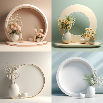 电子商务主图背景，圆形展台，花瓶装饰，背景简约，背景圆形镜面装饰，陶瓷质感，陶瓷形状，低空间照明，4k，高清，干净光影，正视图，c4d效果，blender