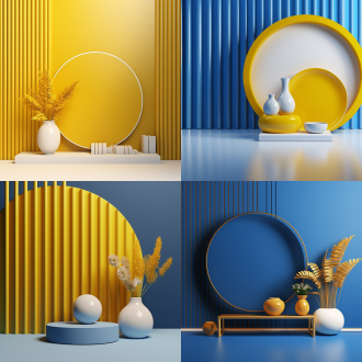 电子商务主图背景，圆形展台，花瓶装饰，简约，背景圆形镜面装饰，背景竖立黄色金属风琴条装饰，陶瓷质感，陶瓷形状，低空间照明，渐变背景，4k，高清，干净光影，正视图，c4d效果，blender，蓝色色调，科技感