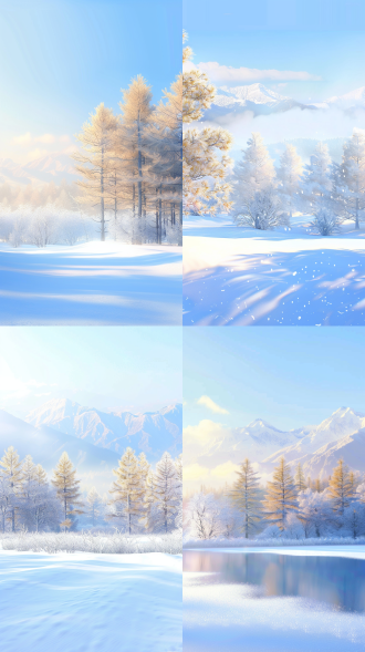 in winter, clean and flat snow, tall and straight pine trees in the distance, snow on the pine trees, during the day, blue colors, mountains in the distance, exposing the sky, 4k, hd, clean light and shadow, c4d, blender