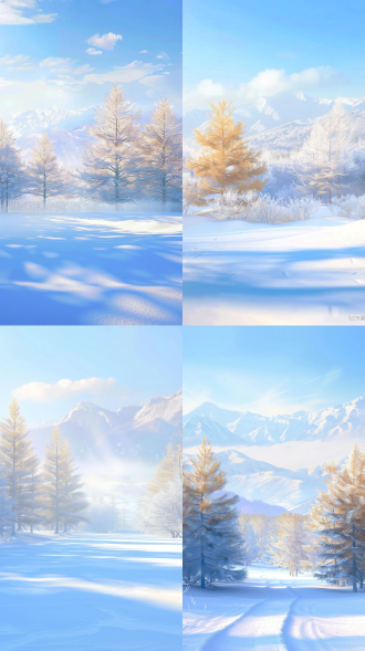 in winter, clean and flat snow, tall and straight pine trees in the distance, snow on the pine trees, during the day, blue colors, mountains in the distance, exposing the sky, 4k, hd, clean light and shadow, c4d, blender