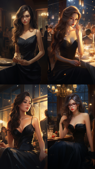 李诗雅，长发眼镜，知性美，丰满高挑，黑色晚礼服，名牌手包，豪华晚宴，软光，正面视角，平视，中景，三分线构图，二次元动漫，大师级画质，新海诚风格，8k，高颜值，细腻肌肤，优雅姿态，奢华氛围，柔和色彩，梦幻光影，精致细节，艺术感，高贵气质。