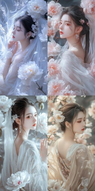 古风美女，薄纱外套，牡丹花背景，若隐若现，侧后视角，三分线构图，3d，二次元，简单背景，冷色调，白色调，大师级画质，壁纸级画面，8k，软光，细腻质感，优雅姿态，神秘氛围。